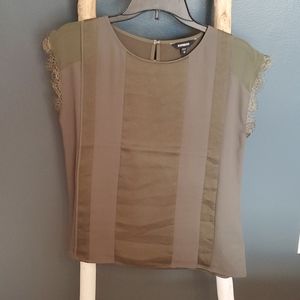 Express short-sleeve blouse lace detailing and striped panels. olive-green Small